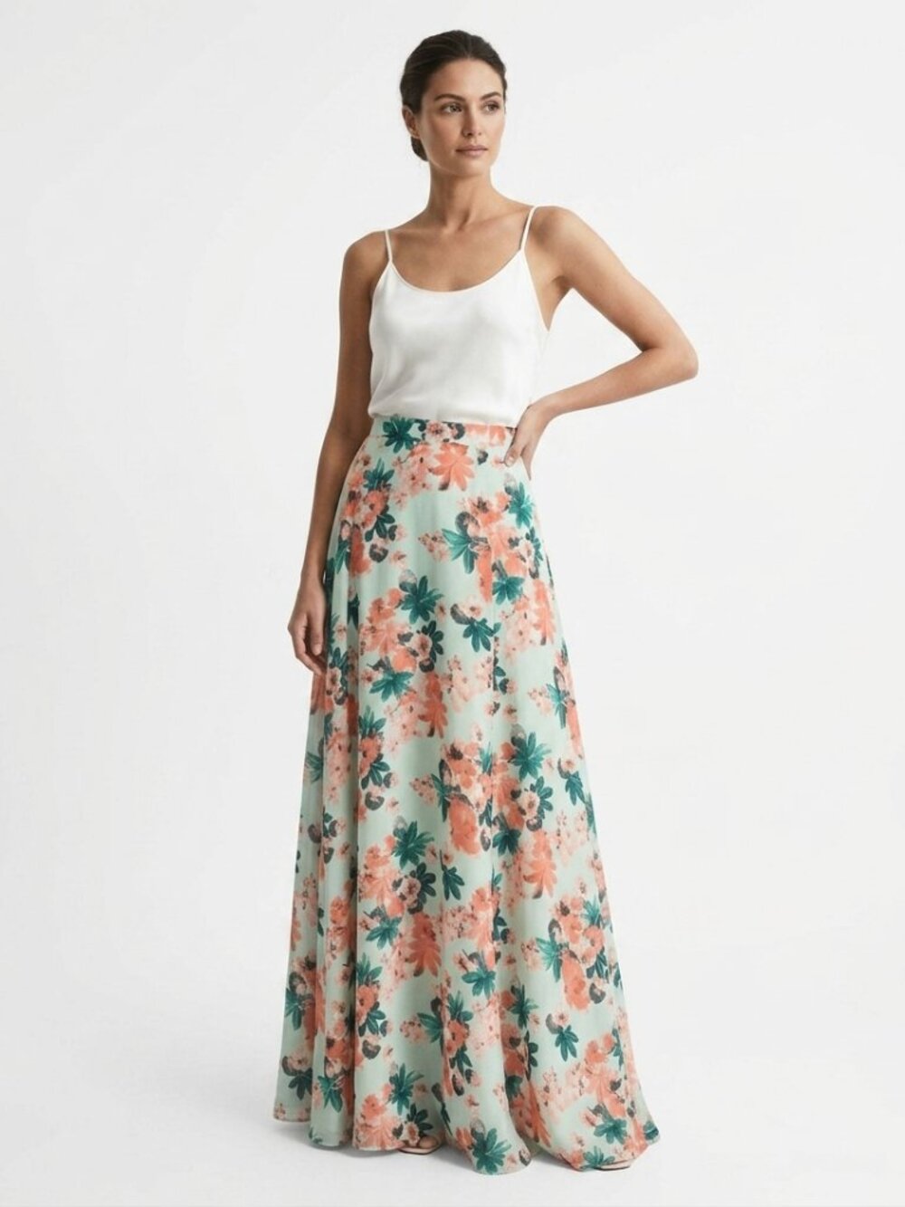 LULUS MINT CORAL FLORAL HIGH RISE MAXI CHIFFON SKIRT - XS